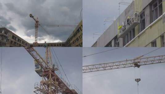 雨天建筑工地施工 塔吊吊车 高楼建筑施工高清在线视频素材下载