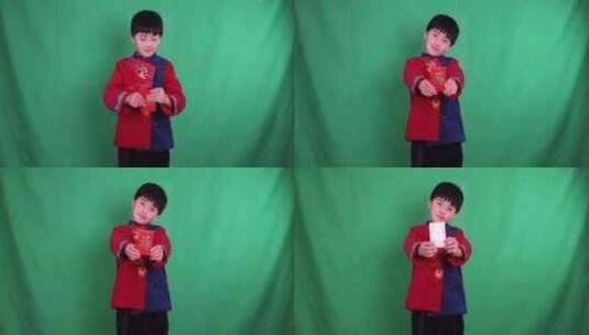 中国小男孩恭贺新年拜年8K实拍绿幕抠像高清在线视频素材下载