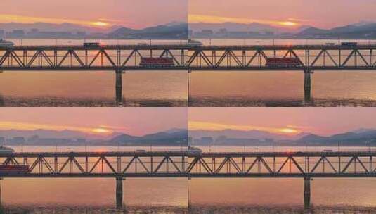 钱塘江大桥日落时分火车头经过高清在线视频素材下载