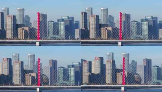 杭州钱塘江边两岸高楼建筑西兴大桥高清在线视频素材下载