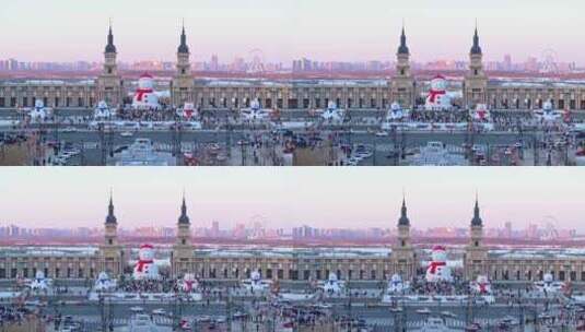 中国黑龙江哈尔滨音乐长廊网红大雪人航拍高清在线视频素材下载