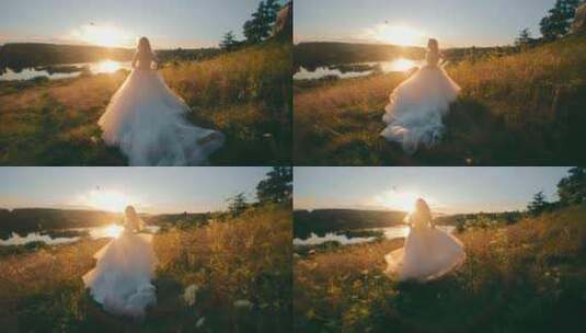 湖边奔跑的新娘高清在线视频素材下载
