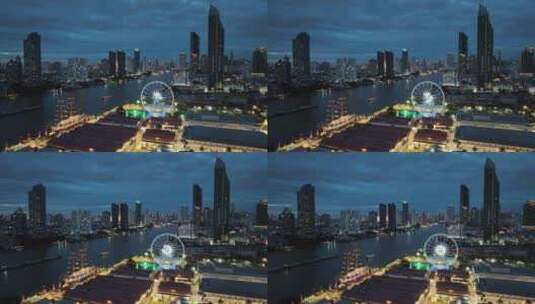 泰国曼谷湄南河亚洲河滨夜市摩天轮航拍风光高清在线视频素材下载