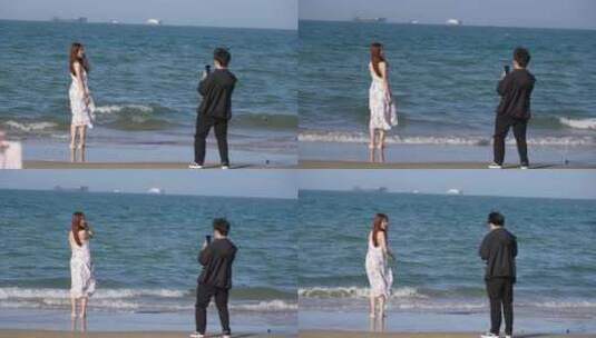 海边情侣美女拍照浪漫镜头高清在线视频素材下载