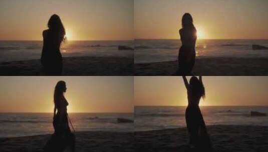 唯美镜头女孩在海边散步剪影高清在线视频素材下载