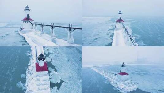 冬季海面灯塔雪景高清在线视频素材下载