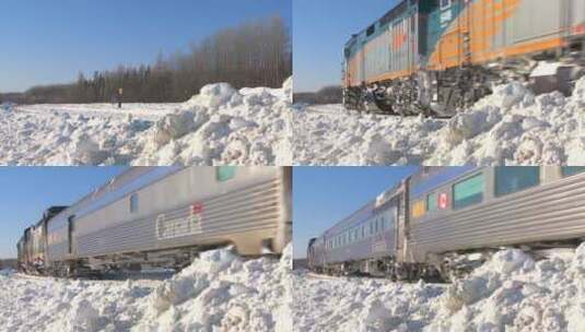 一辆铁路客运列车在雪中通过高清在线视频素材下载
