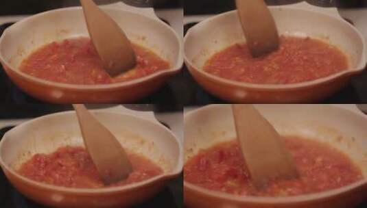 平底锅熬番茄酱高清在线视频素材下载