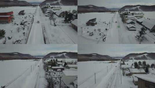 日本北海道雪原公路自驾游风光航拍高清在线视频素材下载