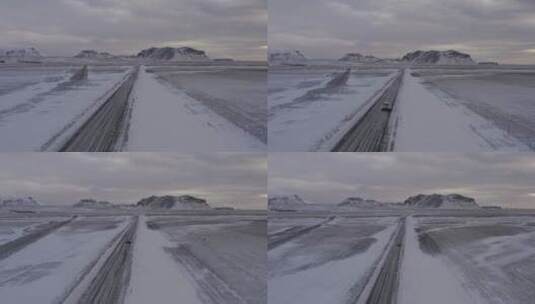 4K冰岛雪山雪地北极圈公路汽车航拍高清在线视频素材下载