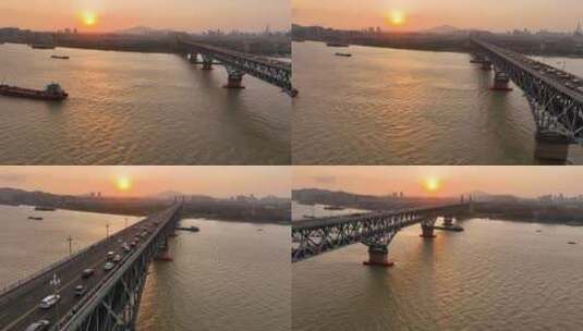 航拍南京长江大桥日出朝霞高清在线视频素材下载