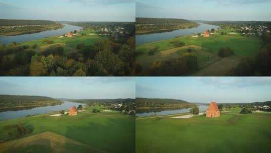 立陶宛内穆纳斯河附近扎皮斯基斯村的鸟瞰图高清在线视频素材下载