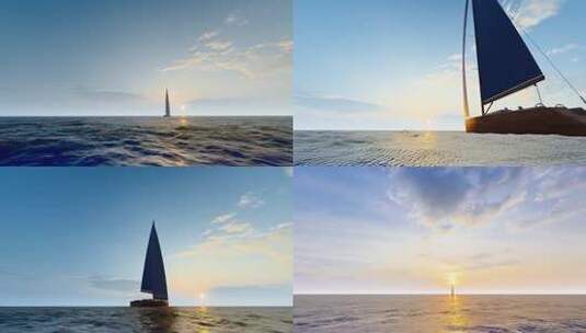 日落黄昏向大海深处远行的帆船高清在线视频素材下载