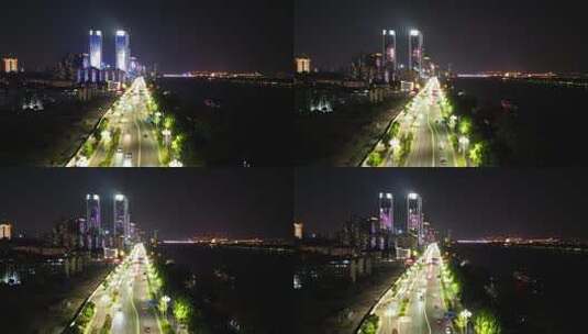 航拍湖南长沙湘江路交通夜景高清在线视频素材下载