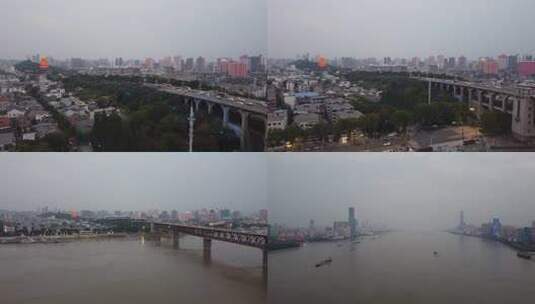 湖北武汉长江大桥两岸 夜晚黄鹤楼航拍高清在线视频素材下载