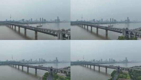 阴天武汉长江大桥航拍桥梁交通车流城市风光高清在线视频素材下载