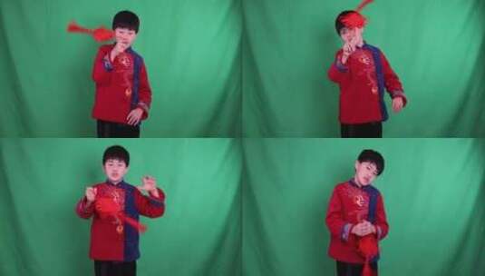 中国小男孩恭贺新年拜年8K实拍绿幕抠像高清在线视频素材下载
