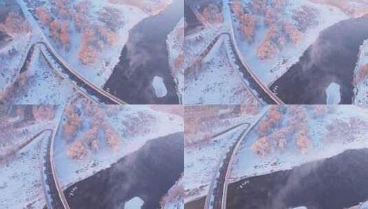 东北冬季雾凇交通马路唯美雪景航拍高清在线视频素材下载