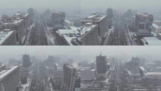 航拍陕西省西安市冬季街道大雪景观高清在线视频素材下载