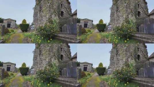 春天的早晨，古老的爱尔兰墓地，城堡废墟和高清在线视频素材下载