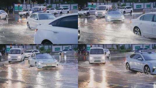 升格汽车行驶过积水的道路高清在线视频素材下载