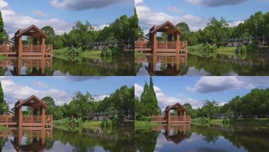唯美画面绿色湖面亭子公园高清在线视频素材下载