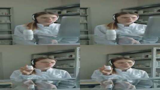 带药罐说话耳机的女药师在线顾问肖像垂直高清在线视频素材下载
