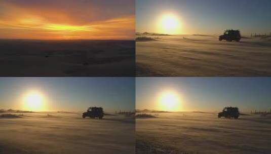 沙漠夕阳下的越野车高清在线视频素材下载