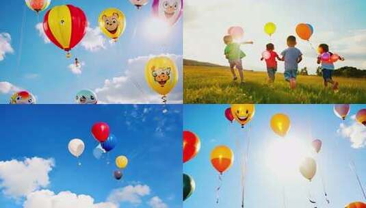 蓝天白云气球 儿童放飞气球 快乐的节日高清在线视频素材下载