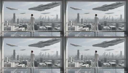 男子眺望未来城市与飞行器高清在线视频素材下载