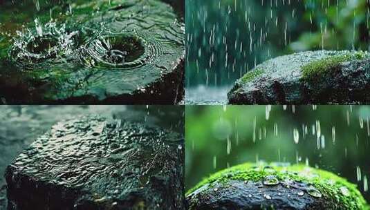 雨中带苔藓石头特写素材高清在线视频素材下载