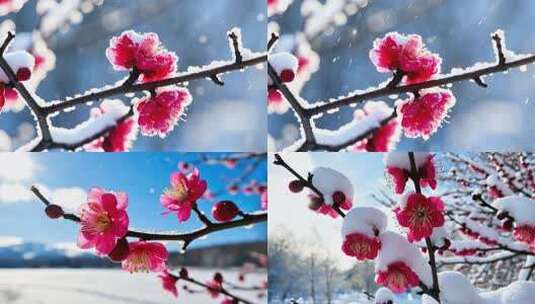 雪中红梅绽放特写高清在线视频素材下载