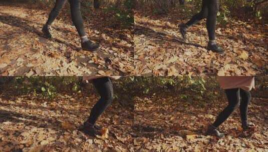 白天，十几岁的女孩独自走在秋天的森林里，脚的特写高清在线视频素材下载