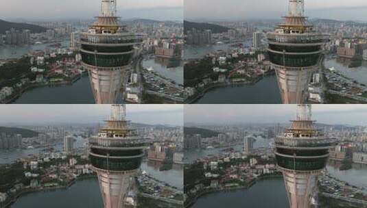 澳门旅游塔地标建筑航拍城市风光高清在线视频素材下载