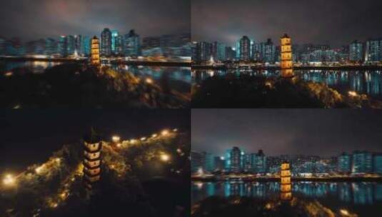 温州 江心屿双塔航拍8K高清在线视频素材下载