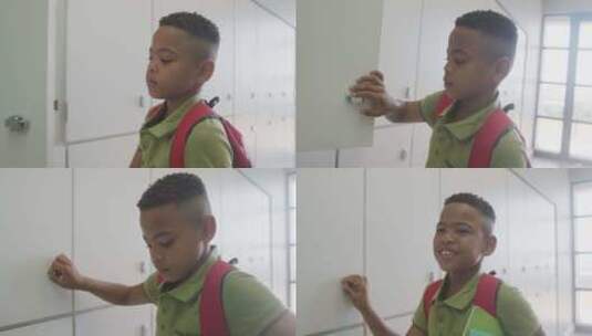 非裔美国男孩关闭储物柜并在学校微笑的视频高清在线视频素材下载