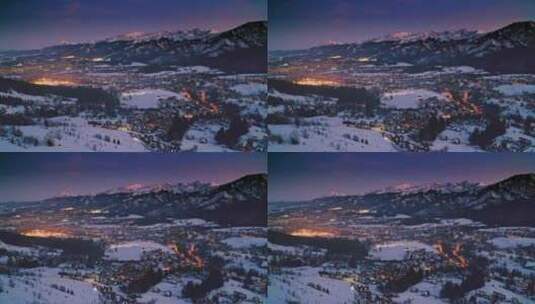 冬季扎科帕内的日落，鸟瞰高清在线视频素材下载
