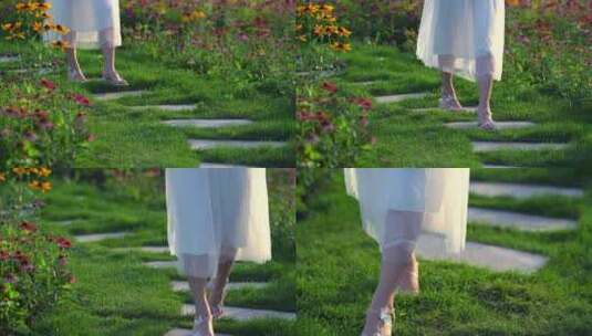 脚步特写 行走脚步特写 唯美白裙美女行走高清在线视频素材下载