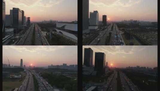 武汉黄昏下的城市公路航拍高清在线视频素材下载