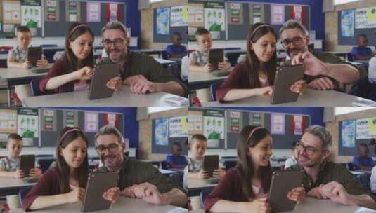 不同的男老师帮助一个女学生坐在教室里使用平板电脑高清在线视频素材下载
