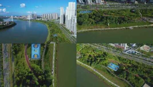 邕江边滨江公园公共篮球场运动场航拍高清在线视频素材下载
