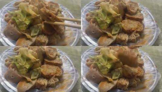 筷子芝麻酱豆皮包菜卷菜慢动作高清在线视频素材下载