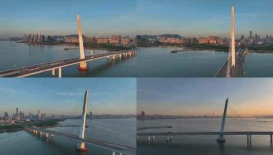 航拍深圳湾公路大桥日出高清在线视频素材下载