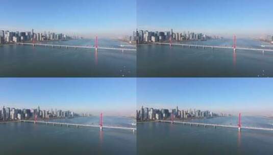 杭州钱塘江边两岸高楼建筑西兴大桥高清在线视频素材下载