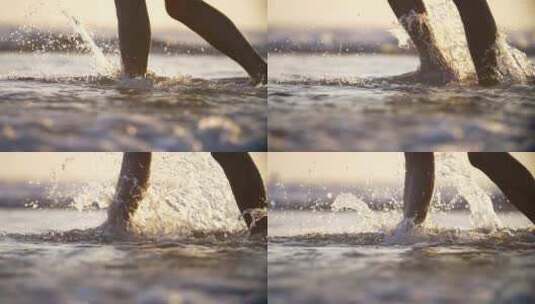 女孩在海浪中行走踢起水花高清在线视频素材下载