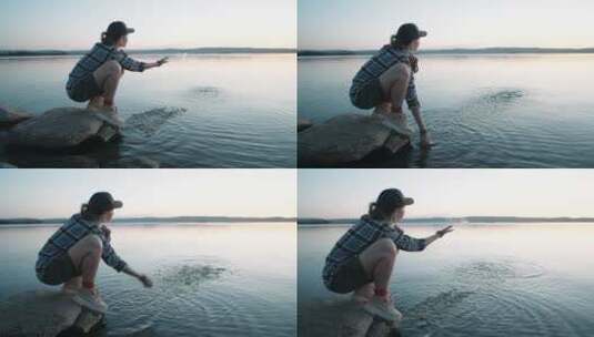 女人在湖边戏水高清在线视频素材下载