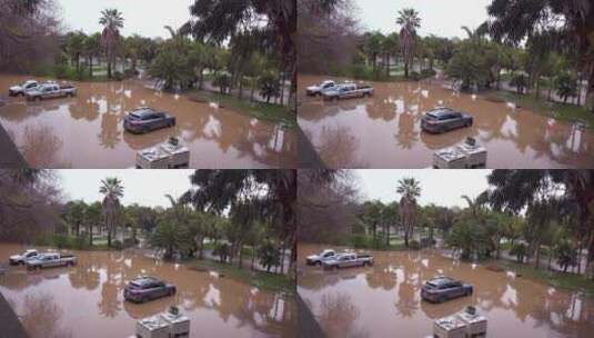 停在洪水里的几辆车高清在线视频素材下载