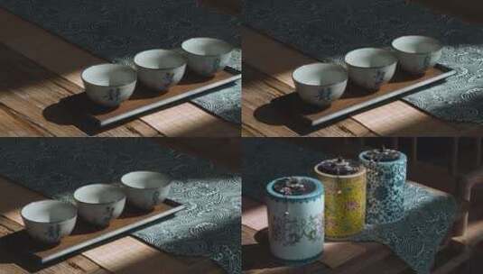 茶杯视频一缕阳光下的瓷器茶杯茶罐高清在线视频素材下载