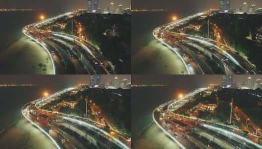 航拍夜晚海滨城市厦门海边公路高清在线视频素材下载