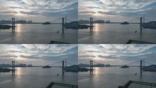 汕头海湾大桥清晨航拍高清在线视频素材下载